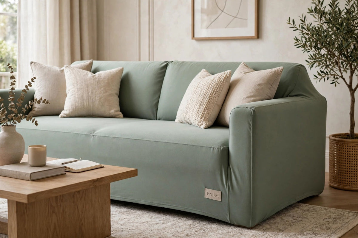 Sage green fitted sofa cover in a living room