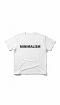 White Helvetica text crewneck T-shirt flat lay, no props. Packaging shots: envelope placed dead-center on white surface...