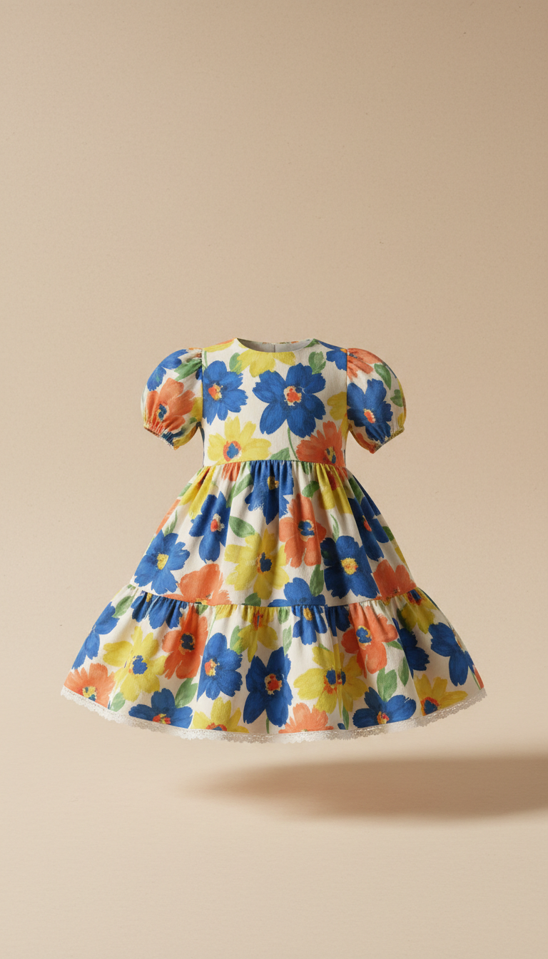 A stylish toddler dress displayed on a light-colored backdrop, such as moccasin. The dress is perfectly centered in the...