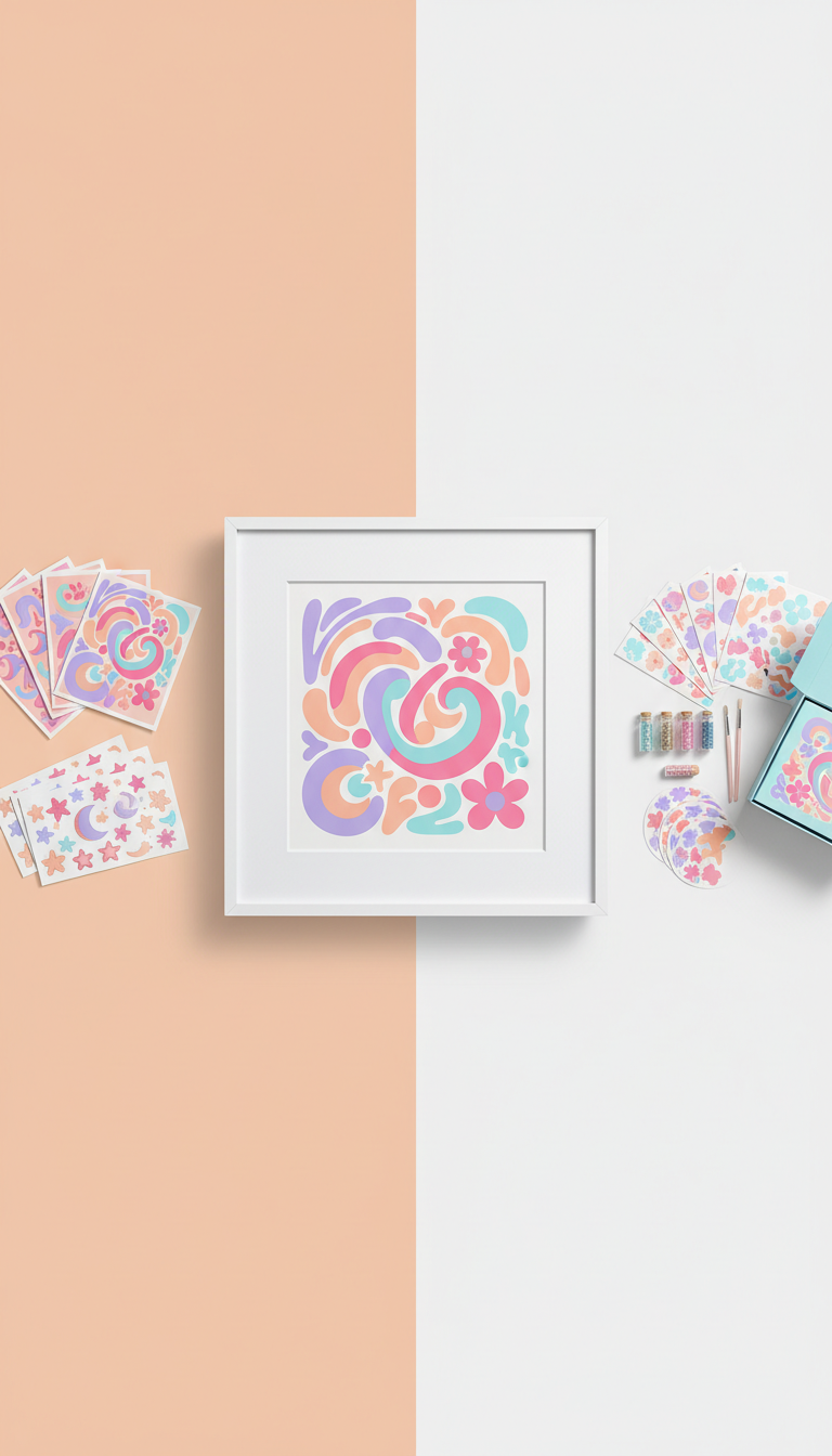 Whimsical archival art print, 3/4 angled product shots on softly colored backgrounds pulled from the palette (Peach Whirl...