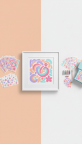 Whimsical archival art print, 3/4 angled product shots on softly colored backgrounds pulled from the palette (Peach Whirl...