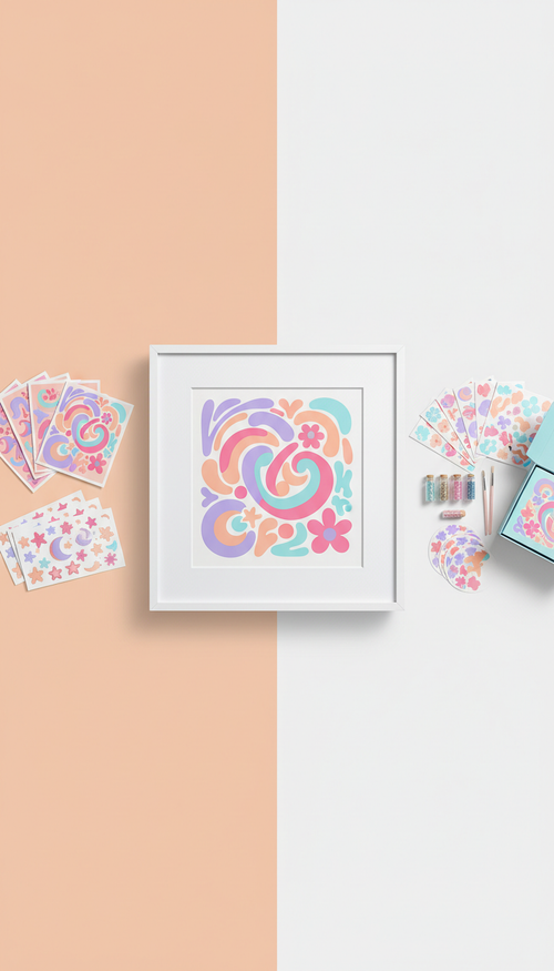Whimsical archival art print, 3/4 angled product shots on softly colored backgrounds pulled from the palette (Peach Whirl...
