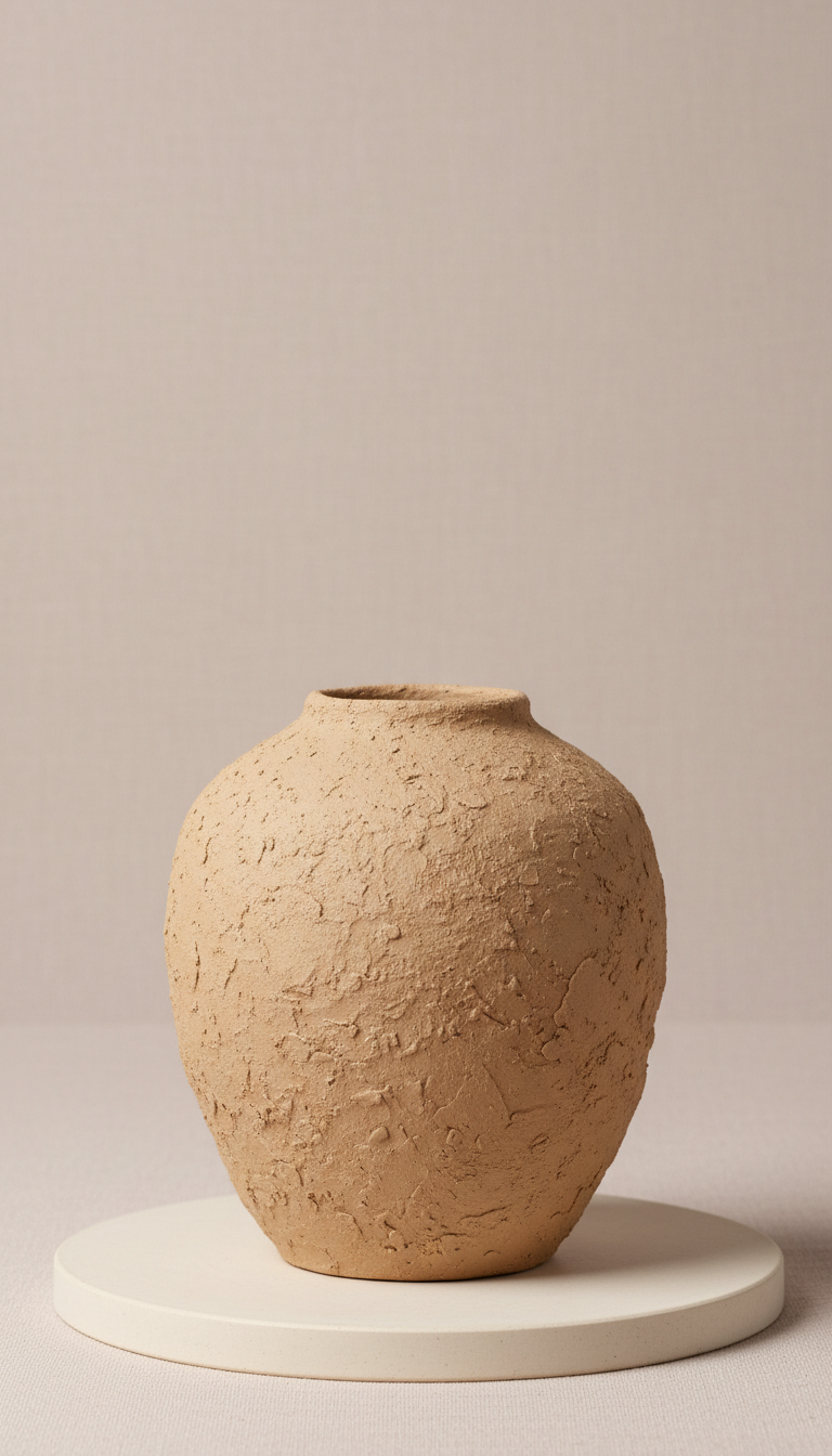 Honey clay ceramic vessel, Single product showcased at 3/4 angle on a matte neutral surface (blush linen or porcelain...
