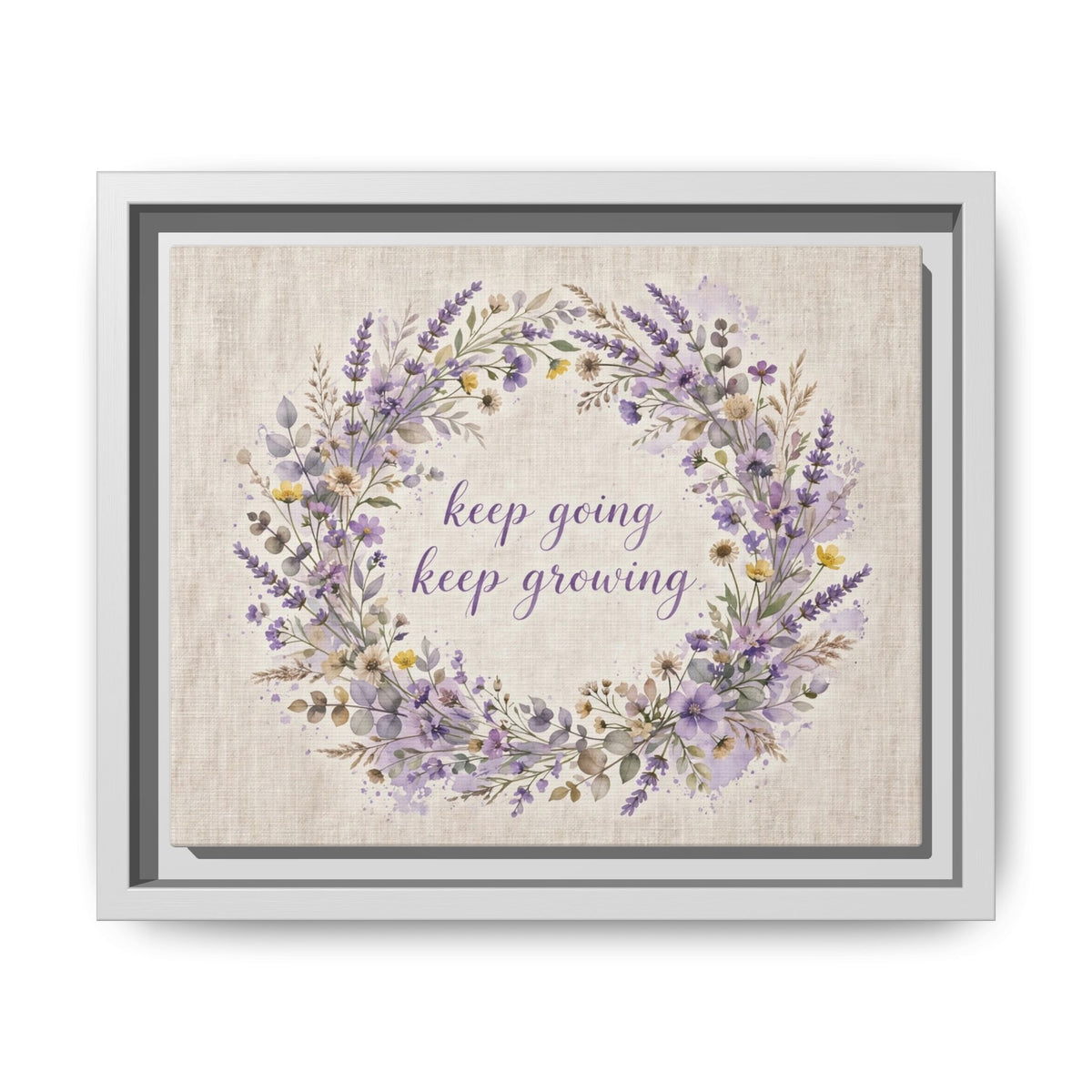 Framed Lavender Wreath Canvas — "Keep Going Keep Growing" Inspirational Wall Art