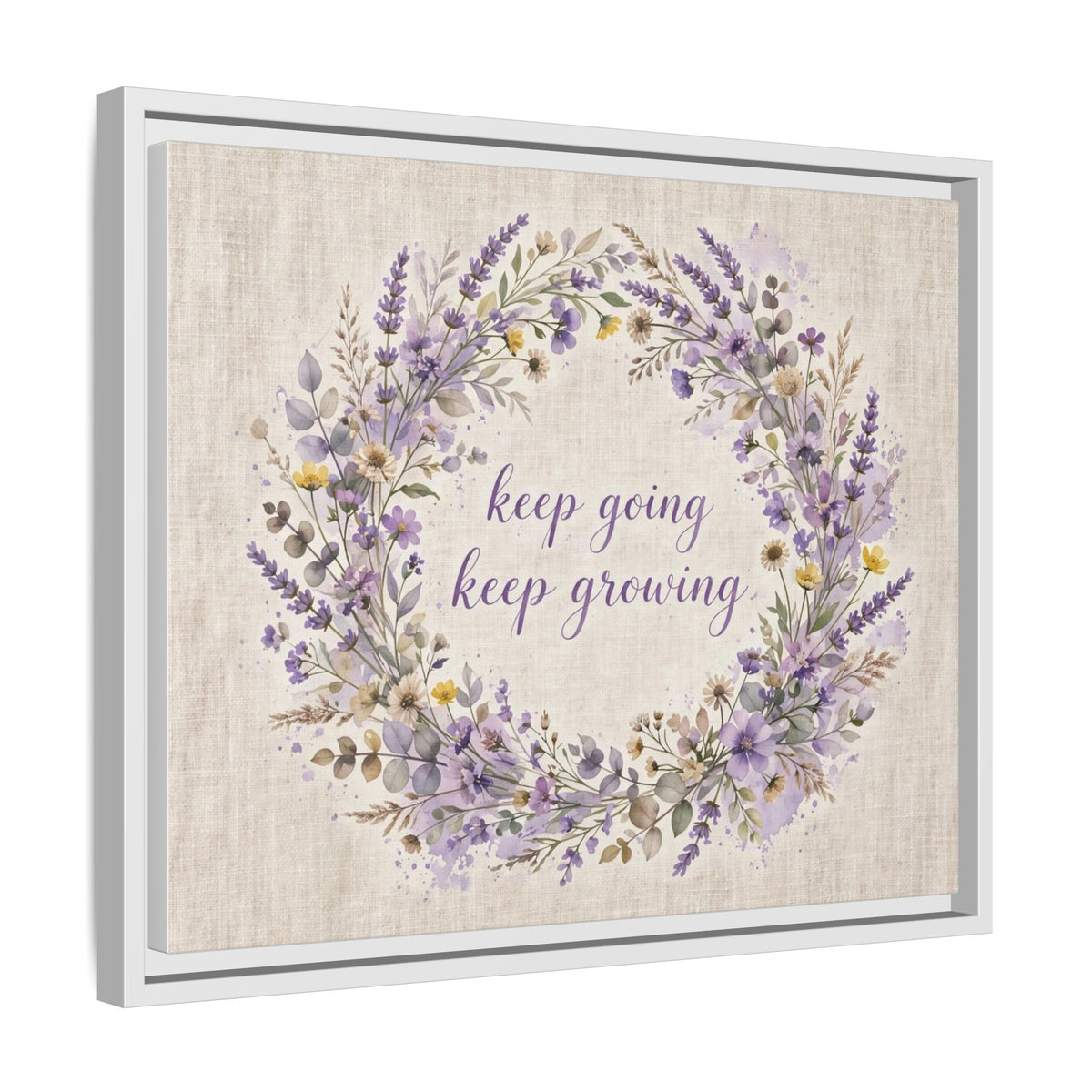 Framed Lavender Wreath Canvas — "Keep Going Keep Growing" Inspirational Wall Art