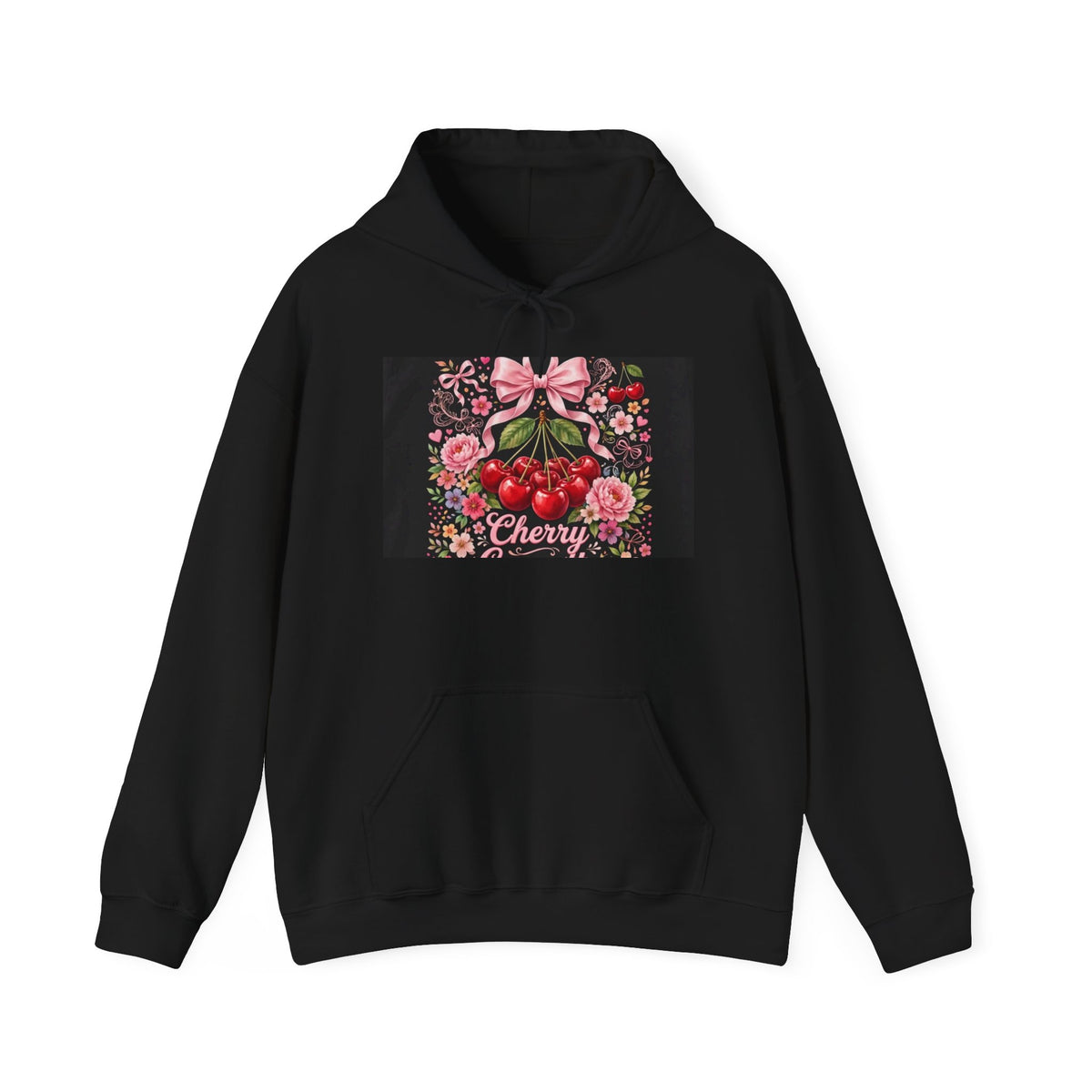 Cherry Floral Hoodie — Retro Cherry Bunch Graphic with Pink Bow