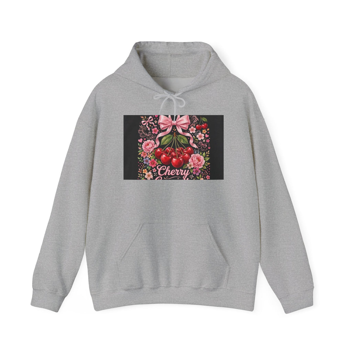 Cherry Floral Hoodie — Retro Cherry Bunch Graphic with Pink Bow