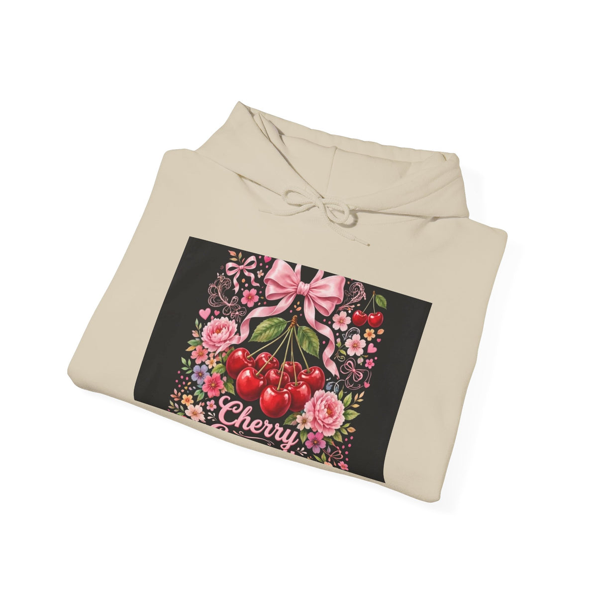 Cherry Floral Hoodie — Retro Cherry Bunch Graphic with Pink Bow