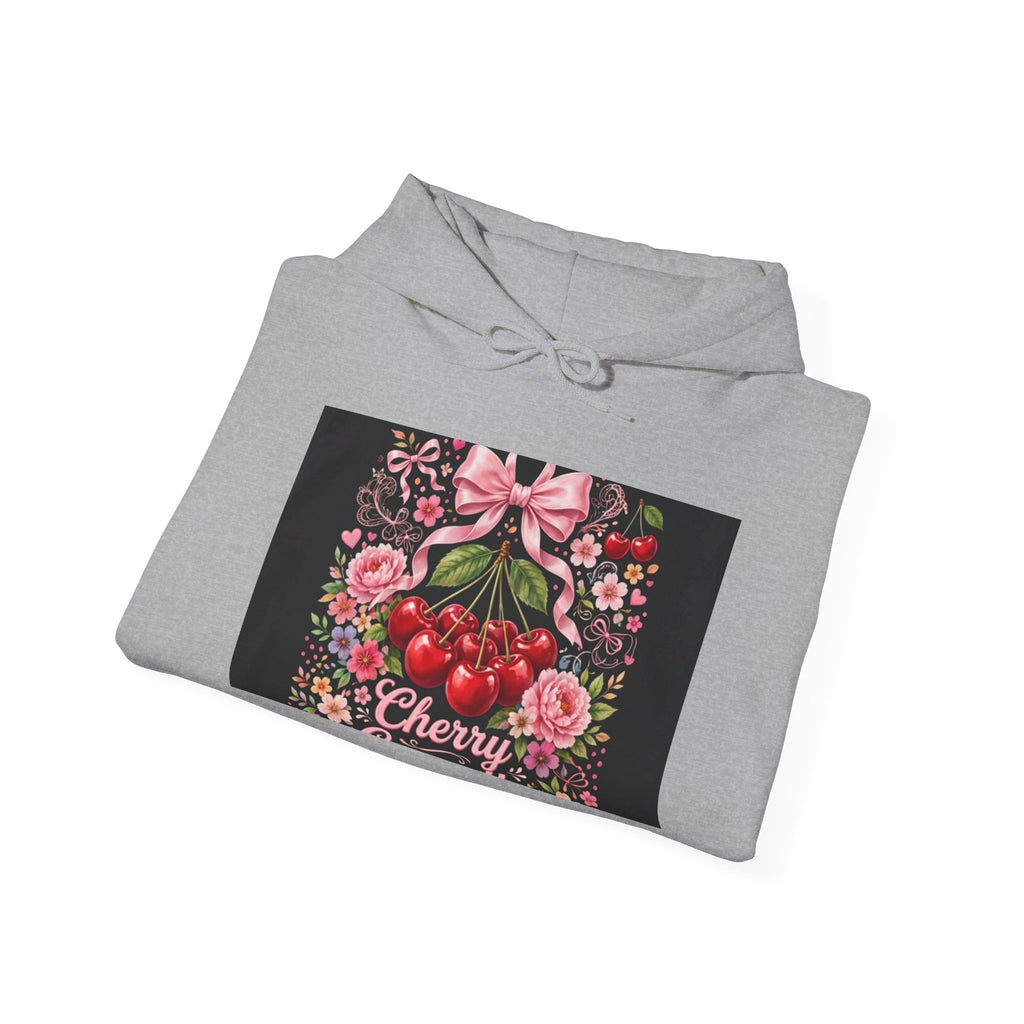Cherry Floral Hoodie — Retro Cherry Bunch Graphic with Pink Bow