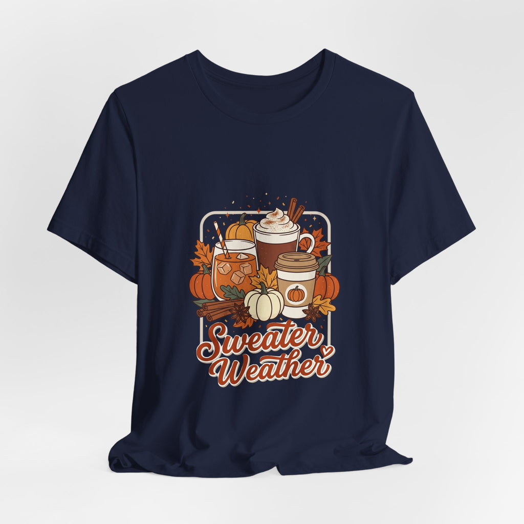 Sweater Weather Tee, Cozy Season Fall Coffee Pumpkin Design