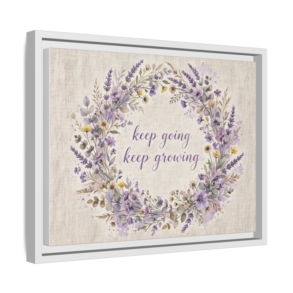 Framed Lavender Wreath Canvas — "Keep Going Keep Growing" Inspirational Wall Art