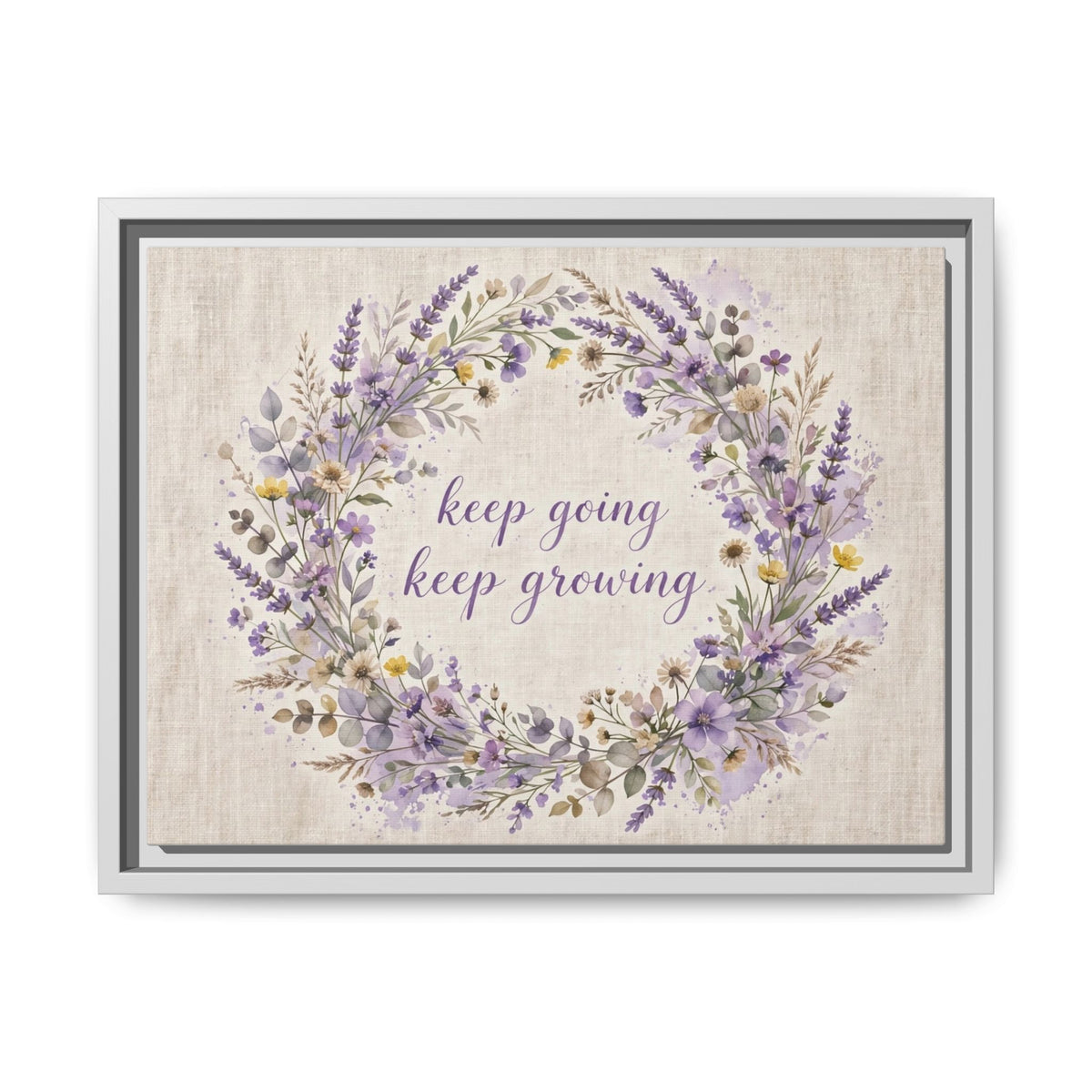 Framed Lavender Wreath Canvas — "Keep Going Keep Growing" Inspirational Wall Art