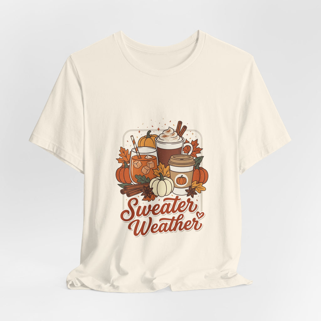 Sweater Weather Tee, Cozy Season Fall Coffee Pumpkin Design