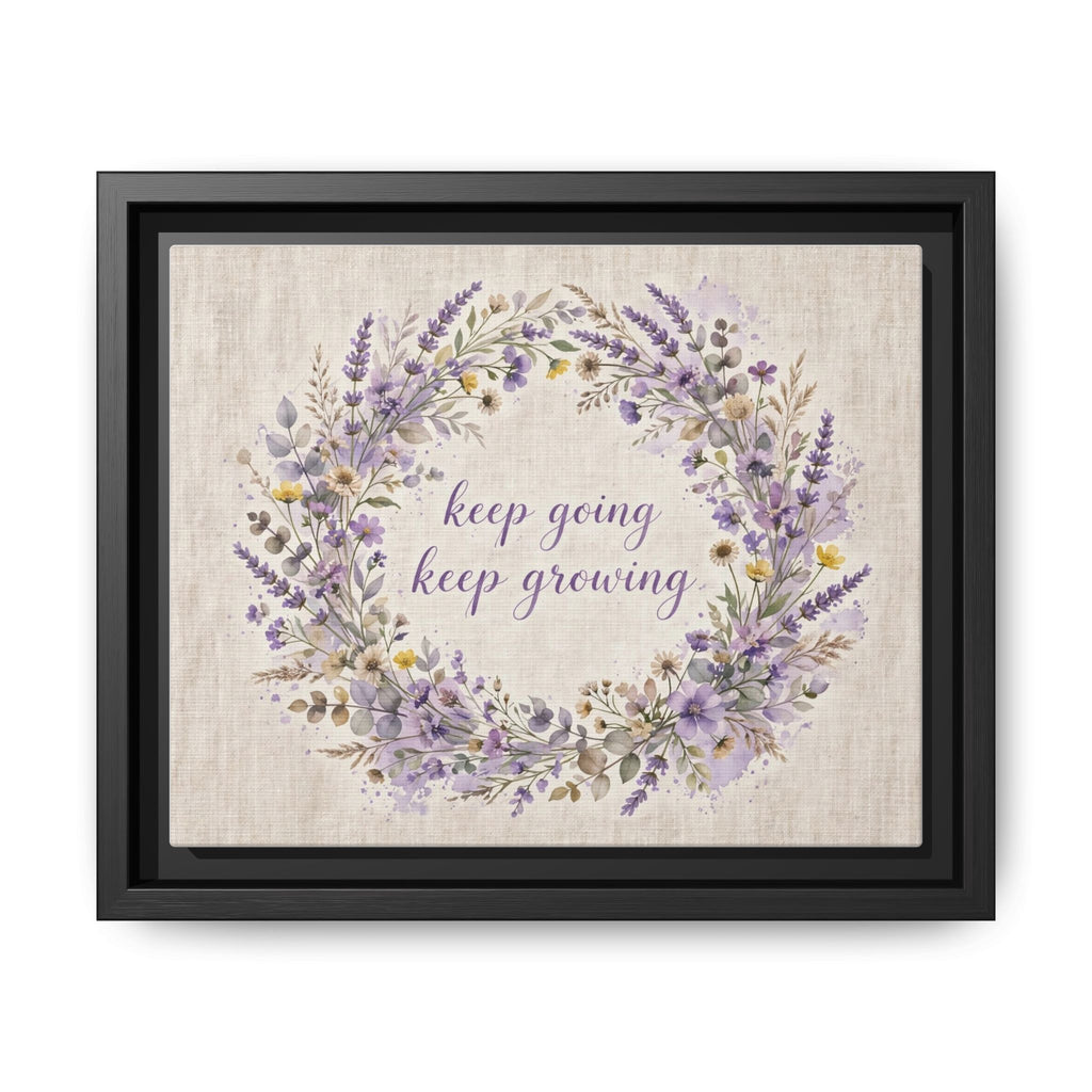 Framed Lavender Wreath Canvas — "Keep Going Keep Growing" Inspirational Wall Art