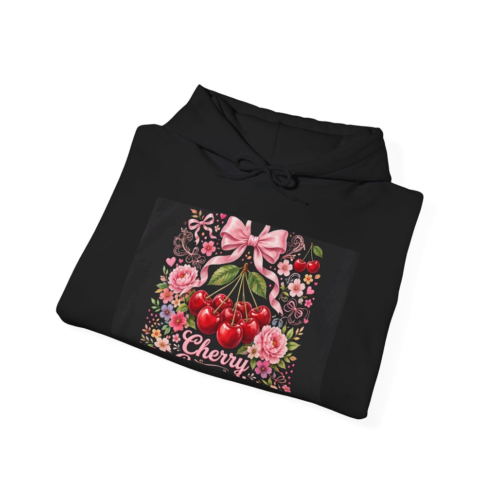 Cherry Floral Hoodie — Retro Cherry Bunch Graphic with Pink Bow