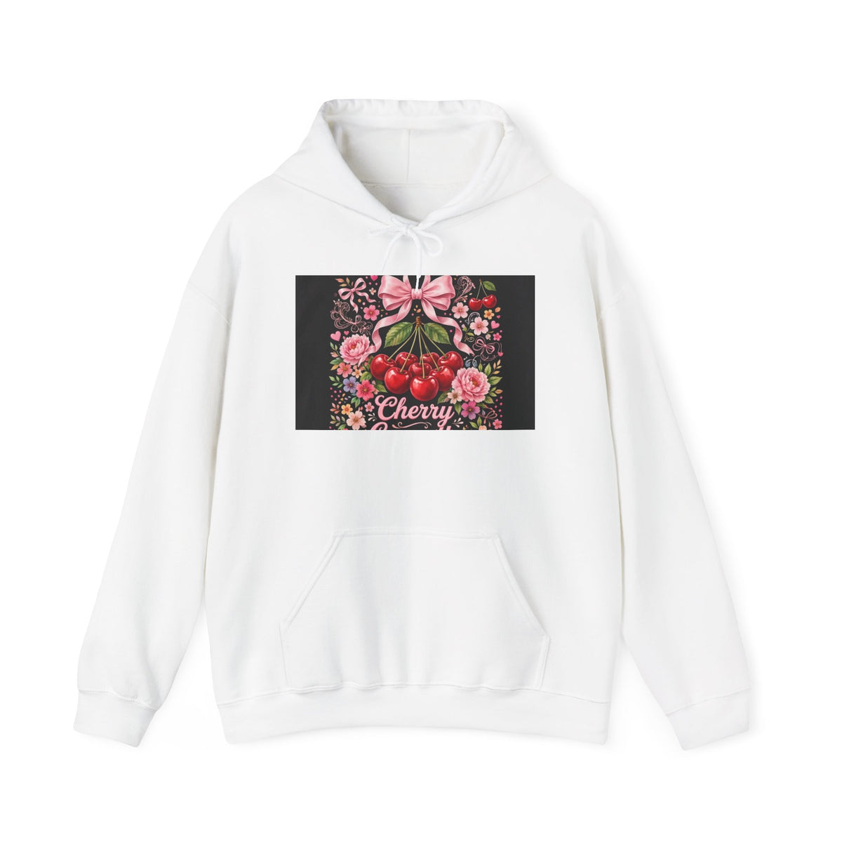 Cherry Floral Hoodie — Retro Cherry Bunch Graphic with Pink Bow