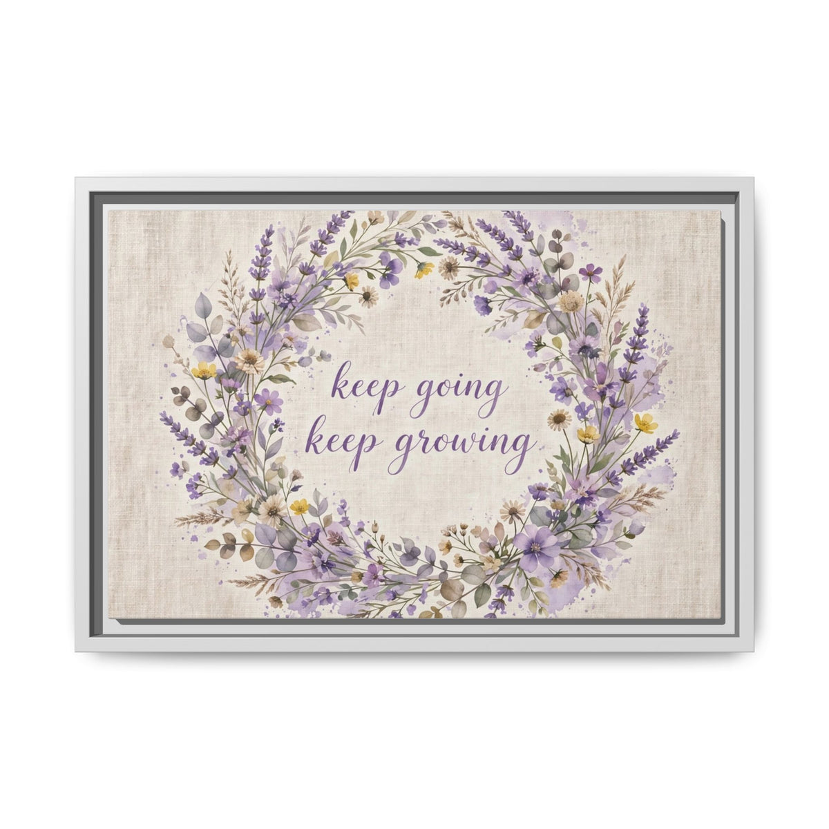 Framed Lavender Wreath Canvas — "Keep Going Keep Growing" Inspirational Wall Art