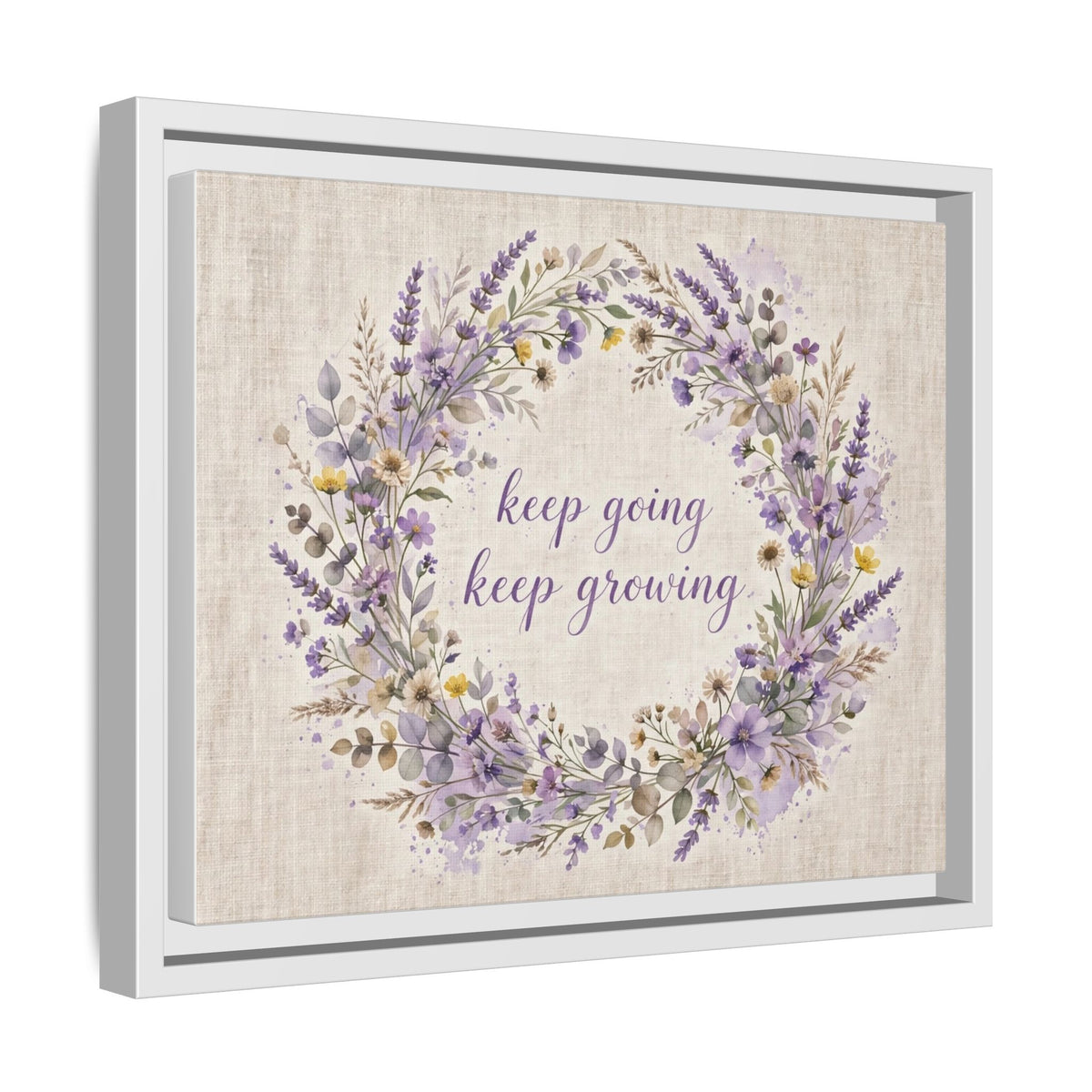 Framed Lavender Wreath Canvas — "Keep Going Keep Growing" Inspirational Wall Art