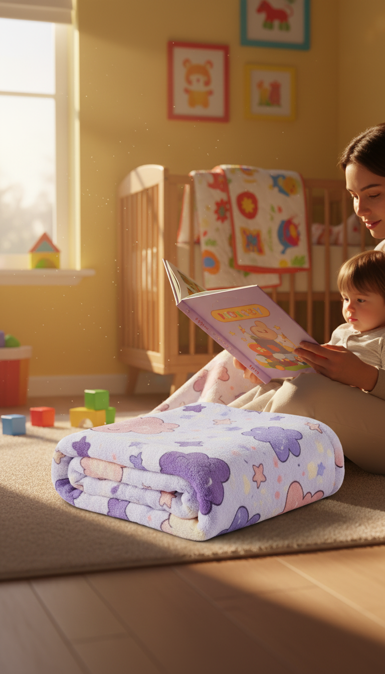 Plush Throw Blanket with Whimsical Illustrations in use