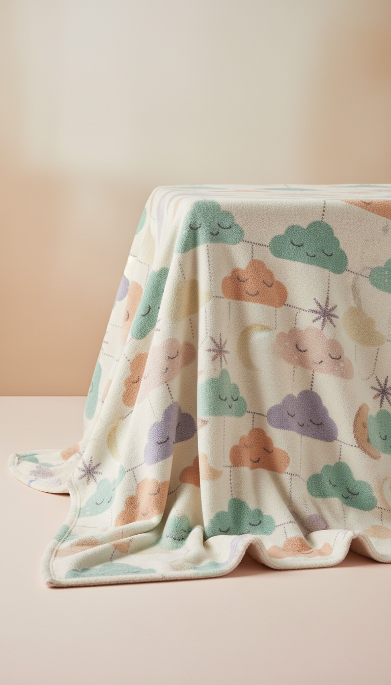 A perfectly centered shot of a patterned nursery blanket from the Whimsical Warmth collection, gently draped over a pastel...
