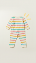 Soft cotton striped kids' pajamas, 3/4 product angle preferred for clothing and toys—placed on soft fabric or matte wooden...