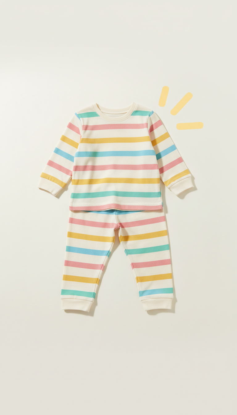 Soft cotton striped kids' pajamas, 3/4 product angle preferred for clothing and toys—placed on soft fabric or matte wooden...