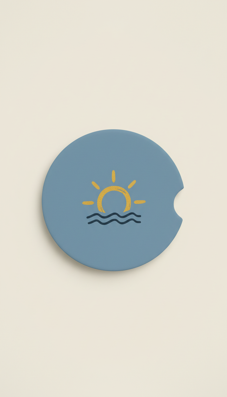 Porch Blue absorbent stone car coaster with hand-drawn icon, Three-quarter angle for apparel on torso forms or styled...