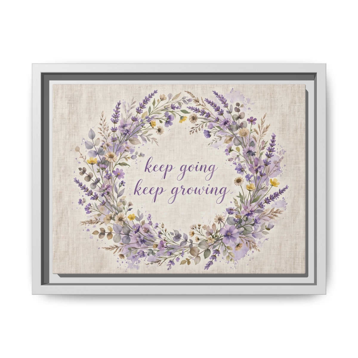 Framed Lavender Wreath Canvas — "Keep Going Keep Growing" Inspirational Wall Art