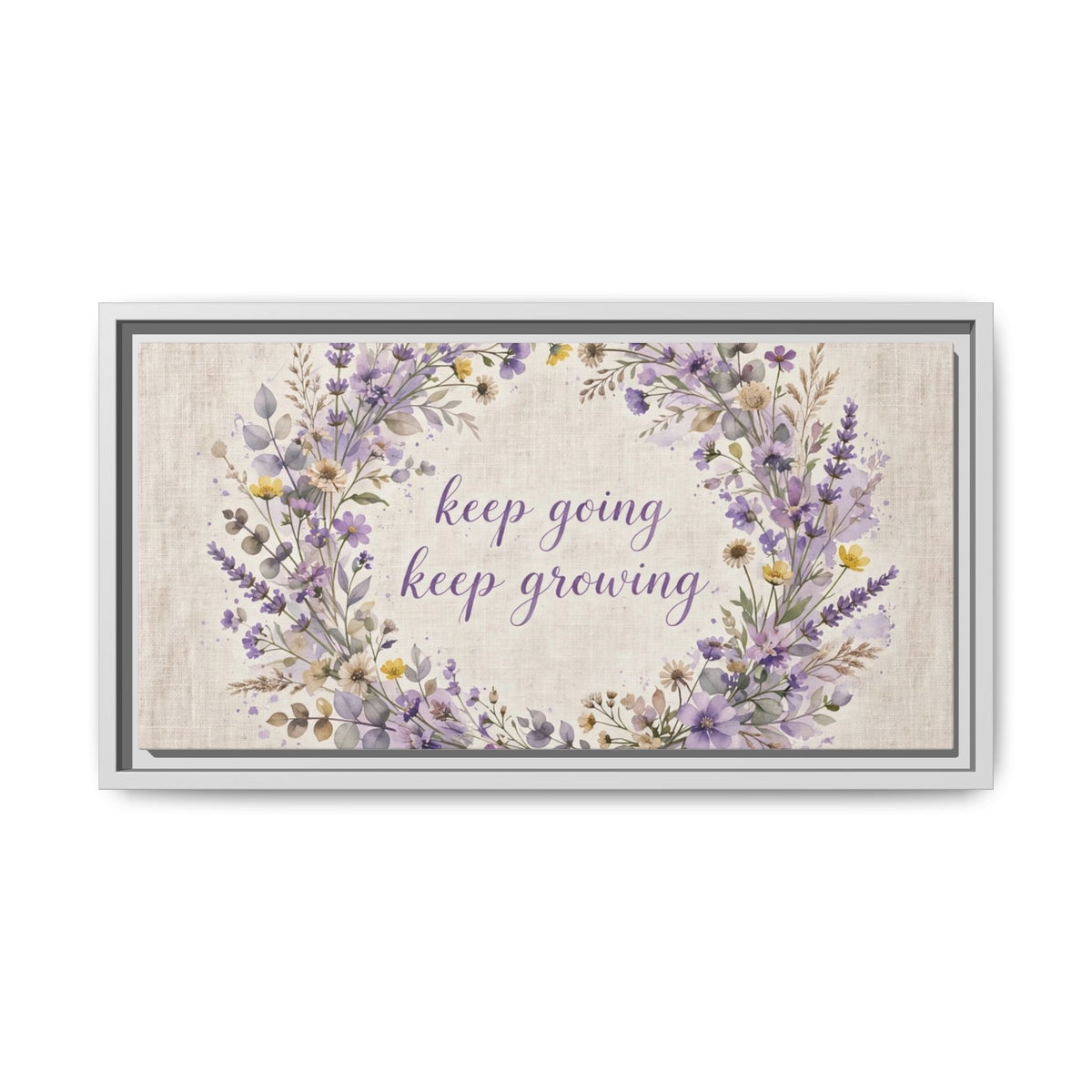 Framed Lavender Wreath Canvas — "Keep Going Keep Growing" Inspirational Wall Art