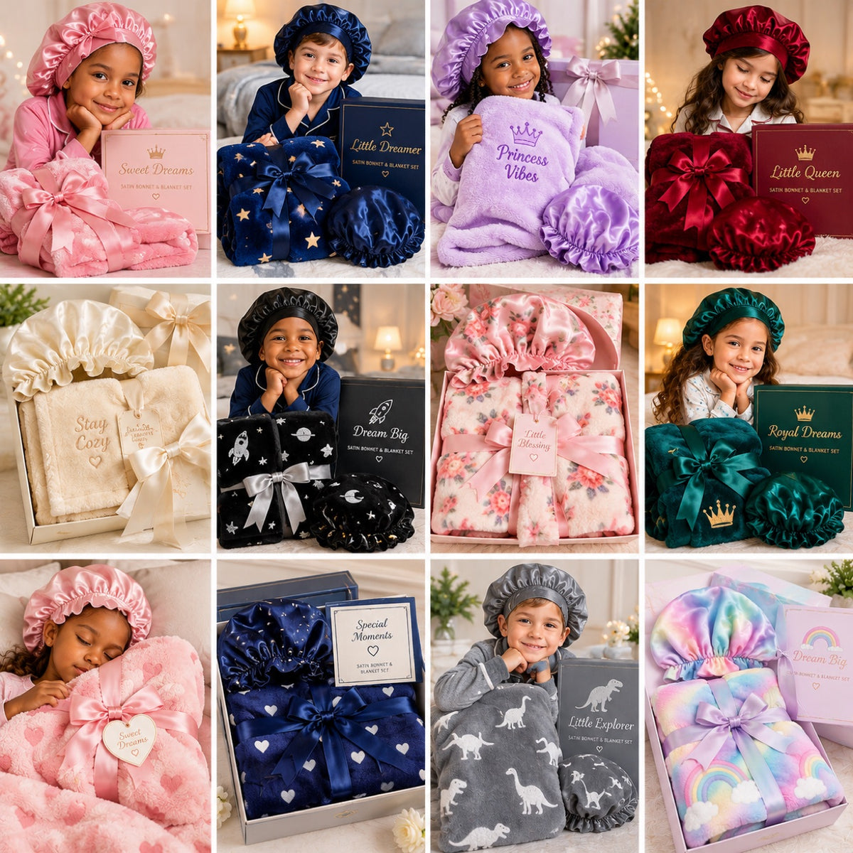 Kids satin bonnet and blanket gift sets in twelve colors and themes