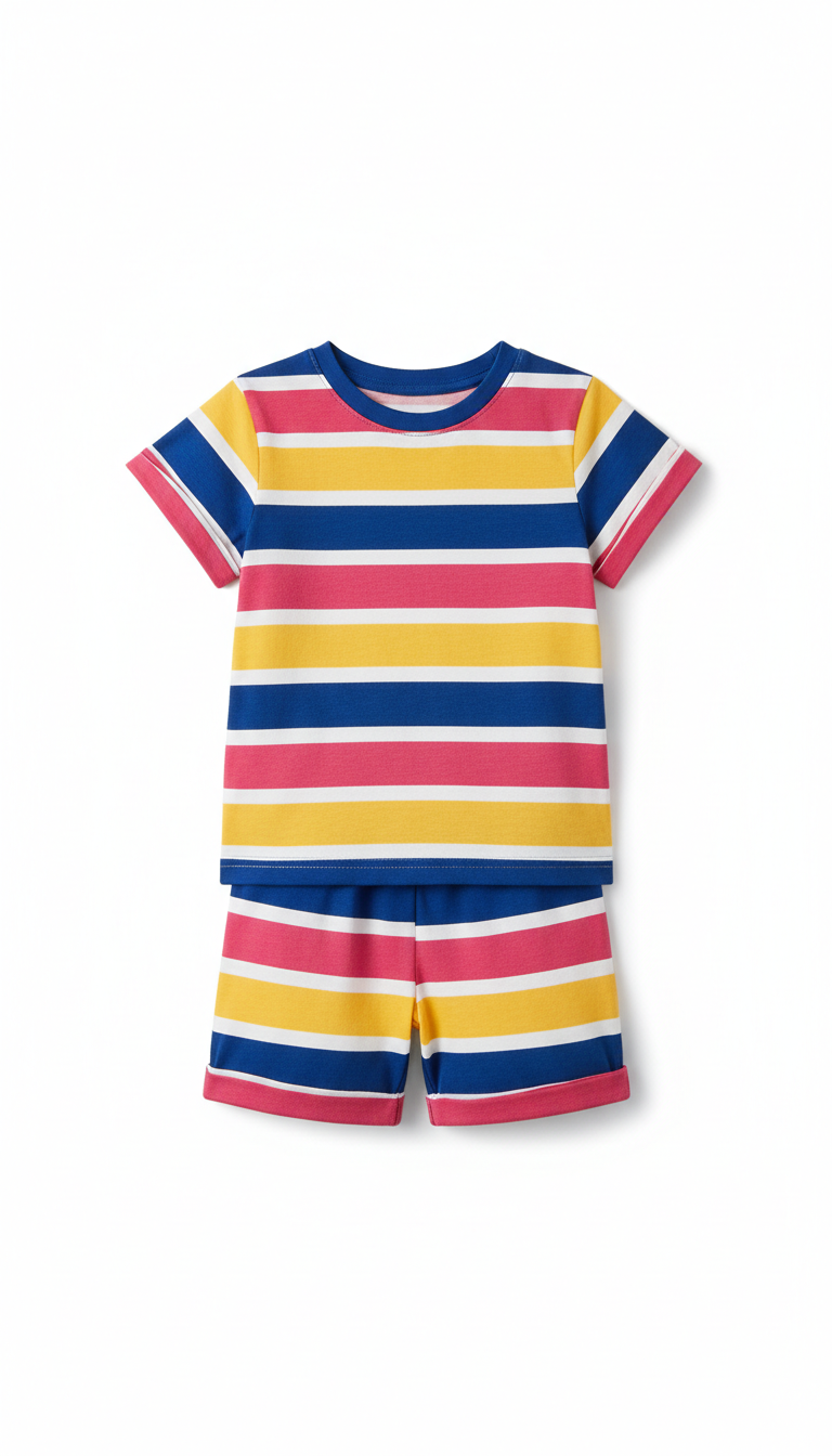 Kids' striped t-shirt and shorts set, Default: 3/4 angle from slightly above eye-level for apparel on mannequins or...