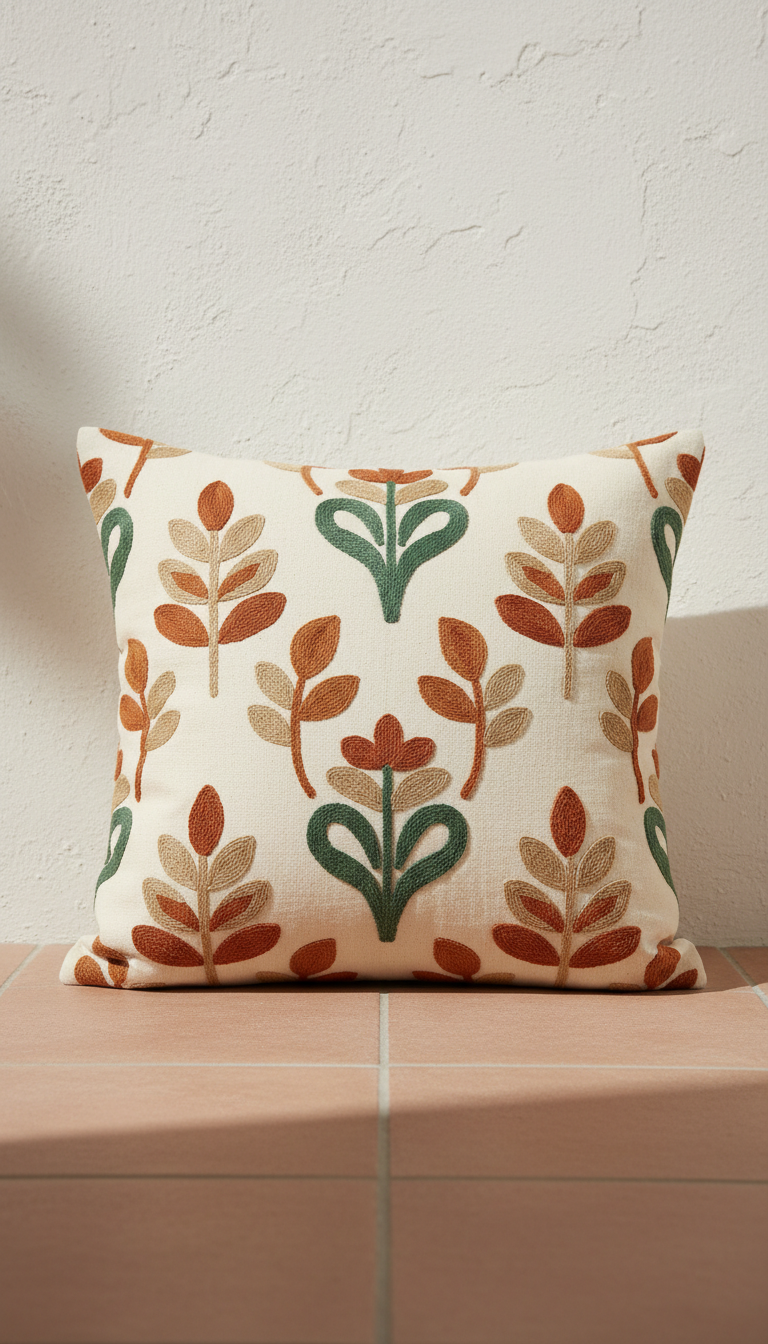 Embroidered cotton throw pillow, Single product showcased at a time on a matte plaster pedestal or terracotta tile surface...