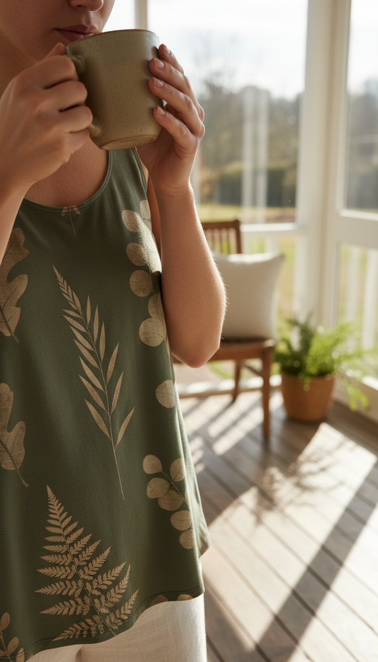 Moss Green Botanical Eco-Print Tank Top in use