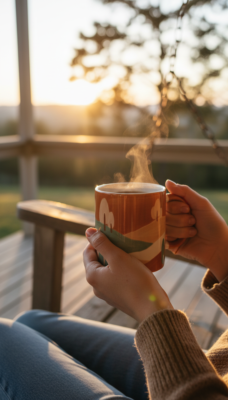 Ceramic mug with sunlit illustration in use