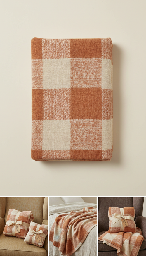 Blush Pumpkin Plaid Blanket, 3/4 angle shots of folded and draped blankets on armchairs or at the foot of a bed;...