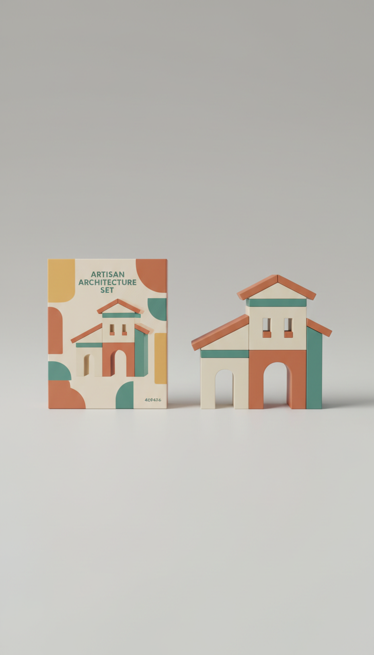 Artisan Architecture Set—packaging and completed build displayed together., Three-quarter angle tabletop shots that...