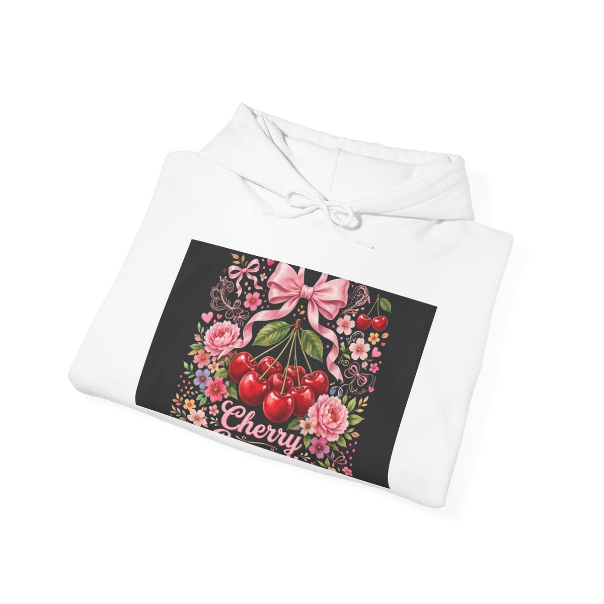 Cherry Floral Hoodie — Retro Cherry Bunch Graphic with Pink Bow