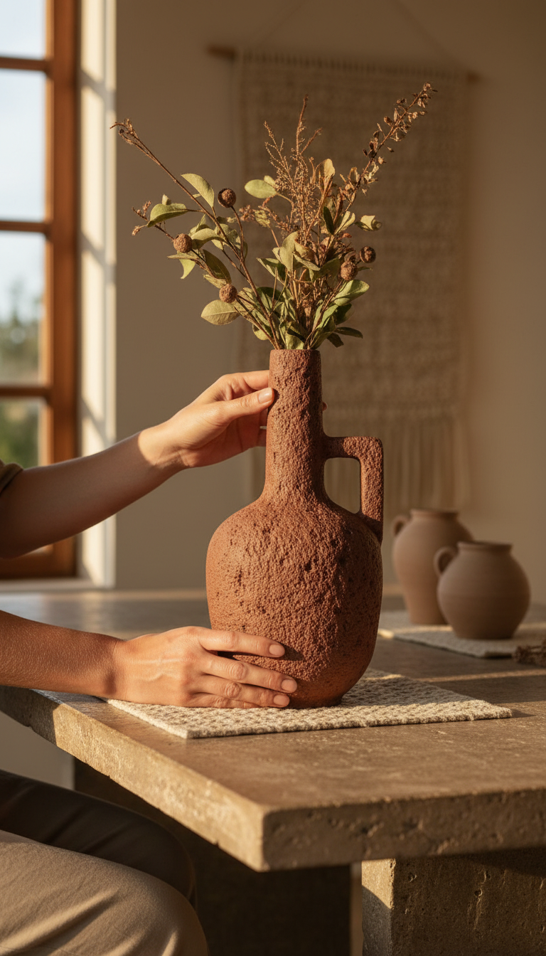 Hand-carved red stoneware carafe in use