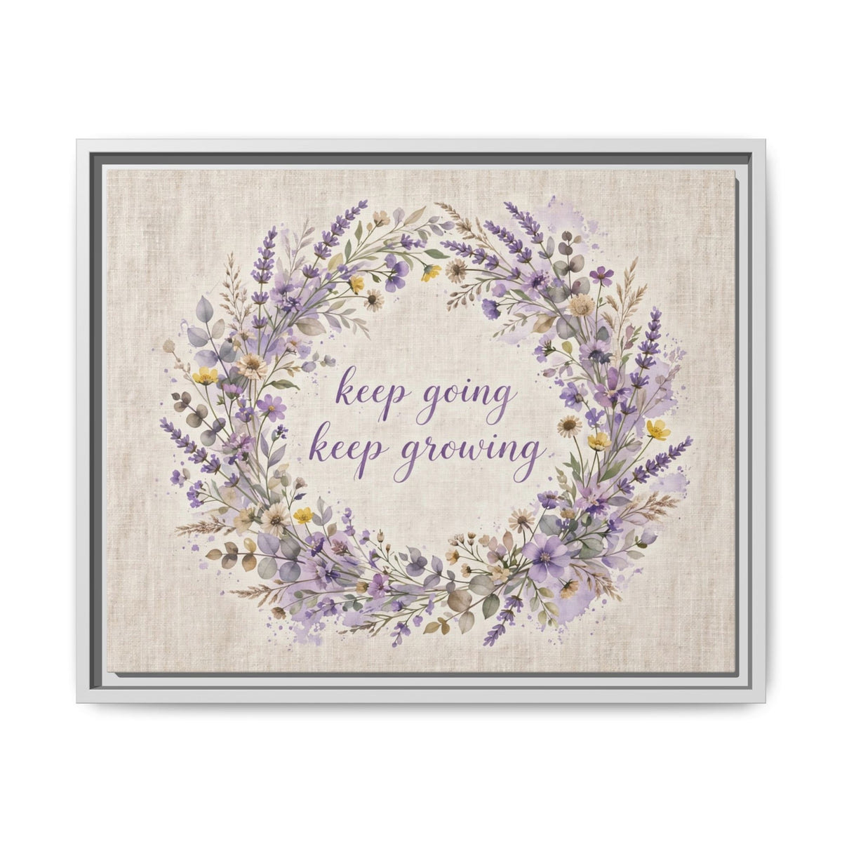 Framed Lavender Wreath Canvas — "Keep Going Keep Growing" Inspirational Wall Art