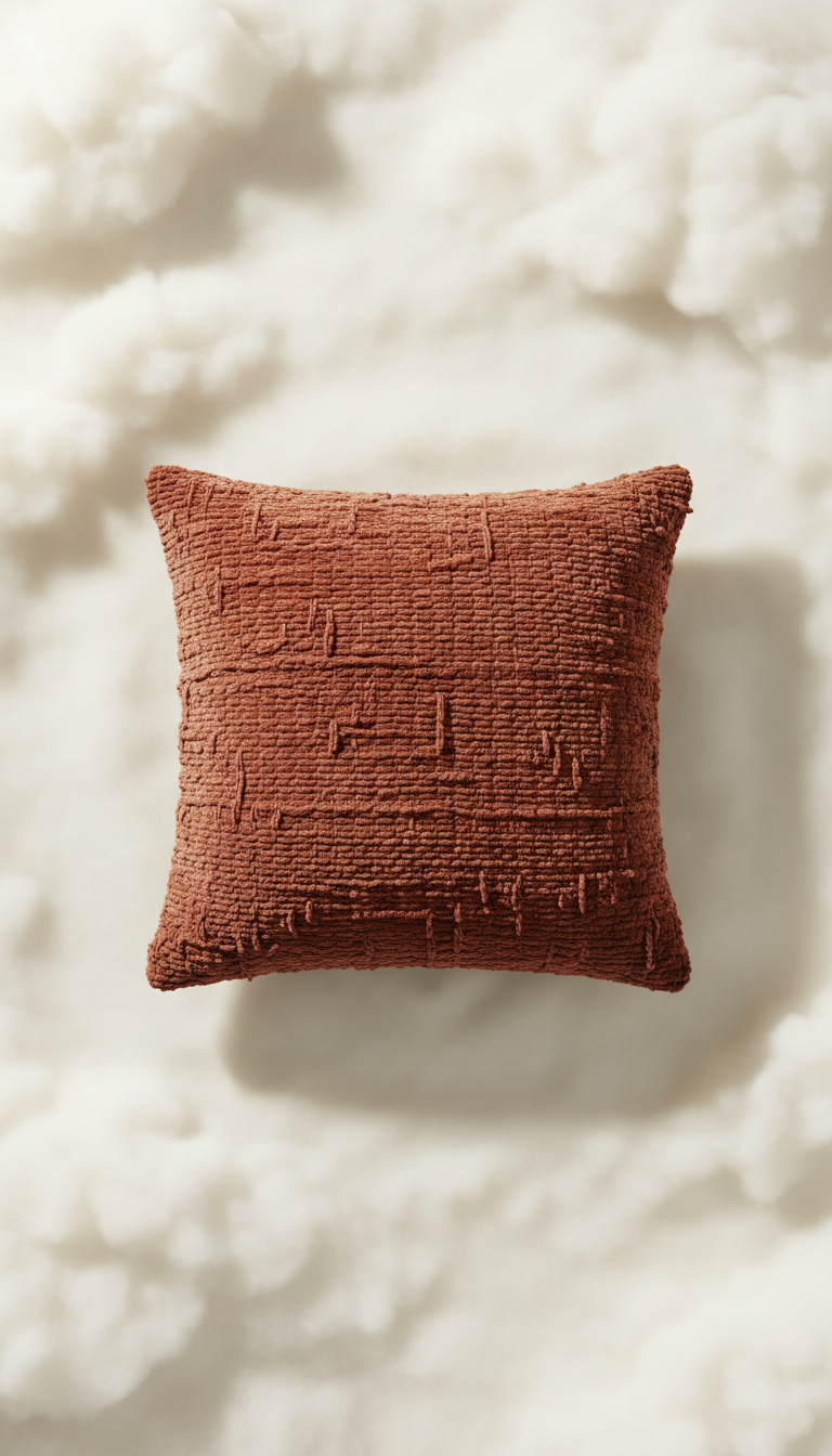 A terracotta throw pillow centered in the frame on an ivory cloud background. The pillow's luxurious texture and rich...