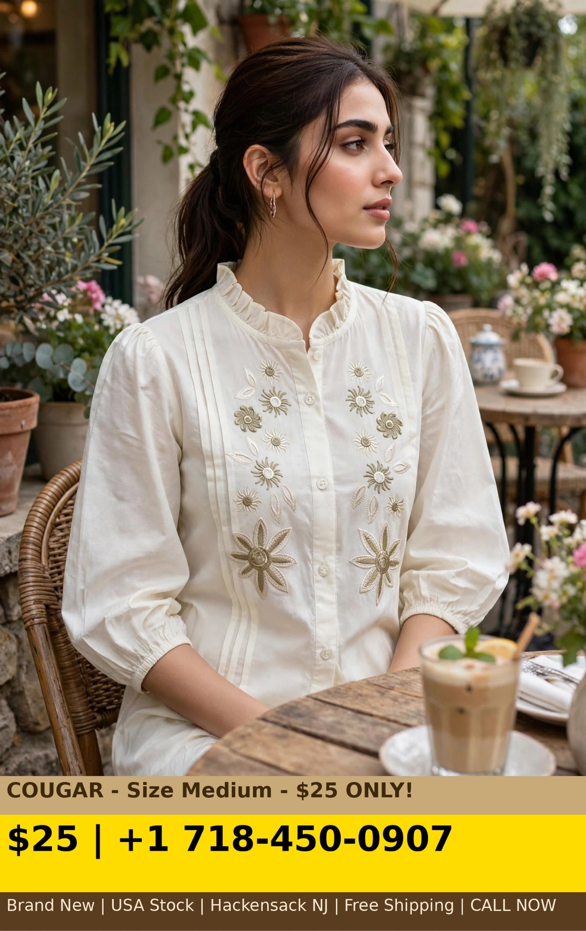FNUM COUGAR Off-White Embroidered Shirt - Size Medium