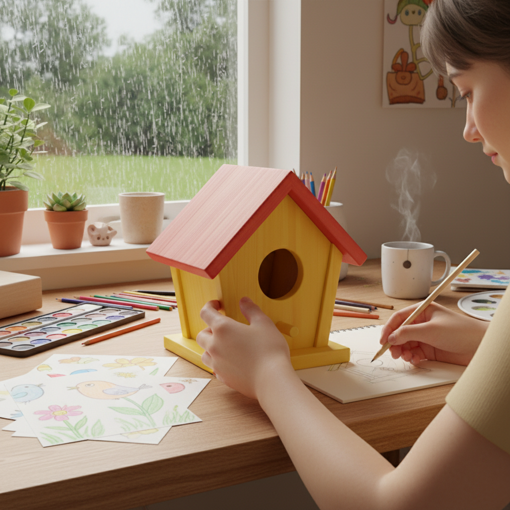 Wooden Birdhouse with Red Roof in use