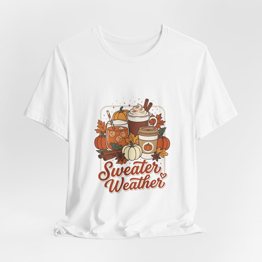 Sweater Weather Tee, Cozy Season Fall Coffee Pumpkin Design