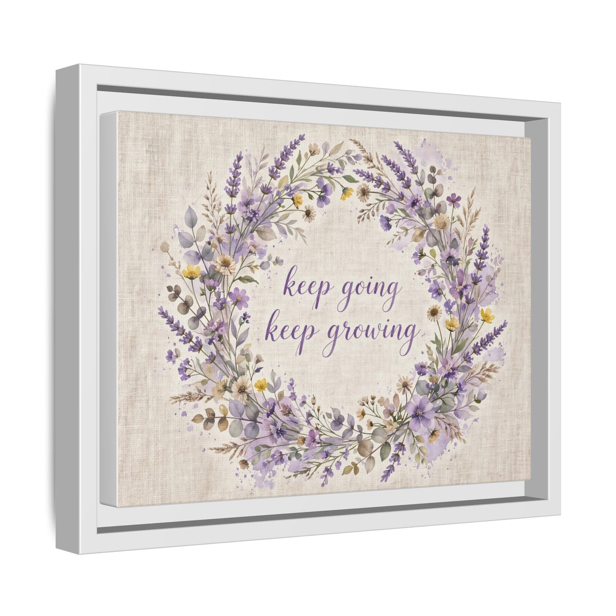 Framed Lavender Wreath Canvas — "Keep Going Keep Growing" Inspirational Wall Art