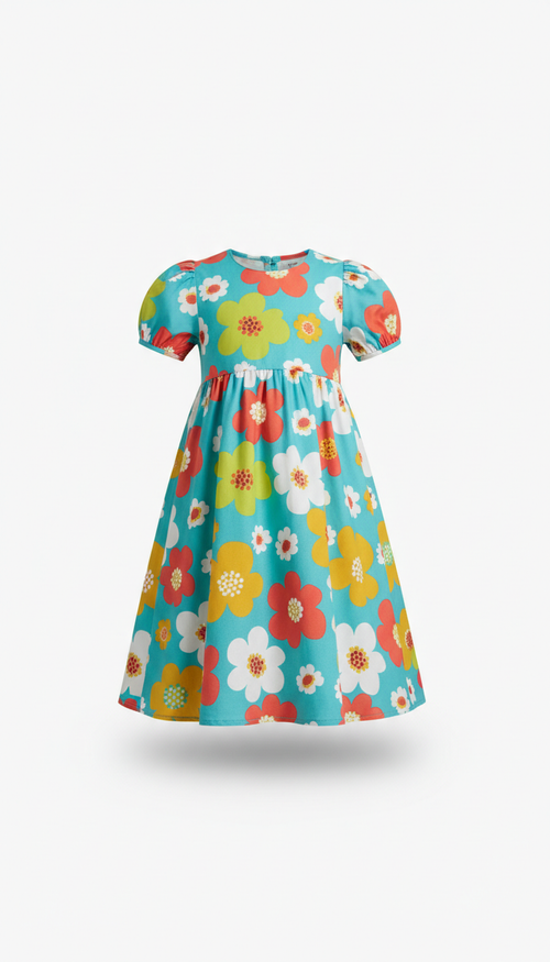 Aqua breeze floral print frock, Default angle is clean 3/4 view at child’s eye-level to showcase frock silhouette and...