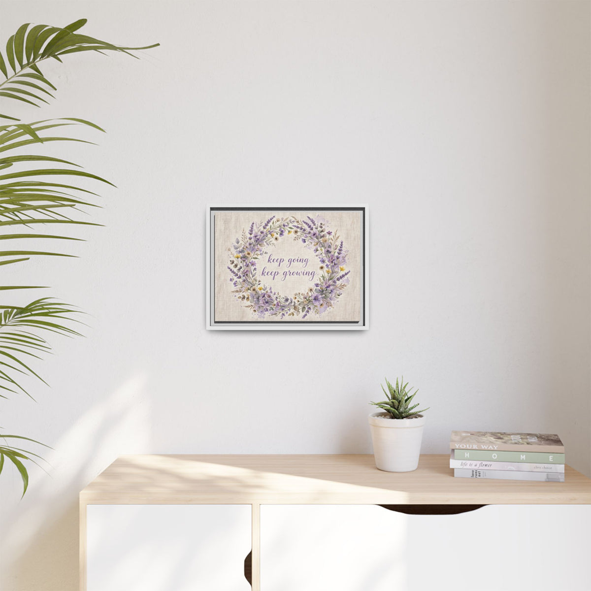 Framed Lavender Wreath Canvas — "Keep Going Keep Growing" Inspirational Wall Art