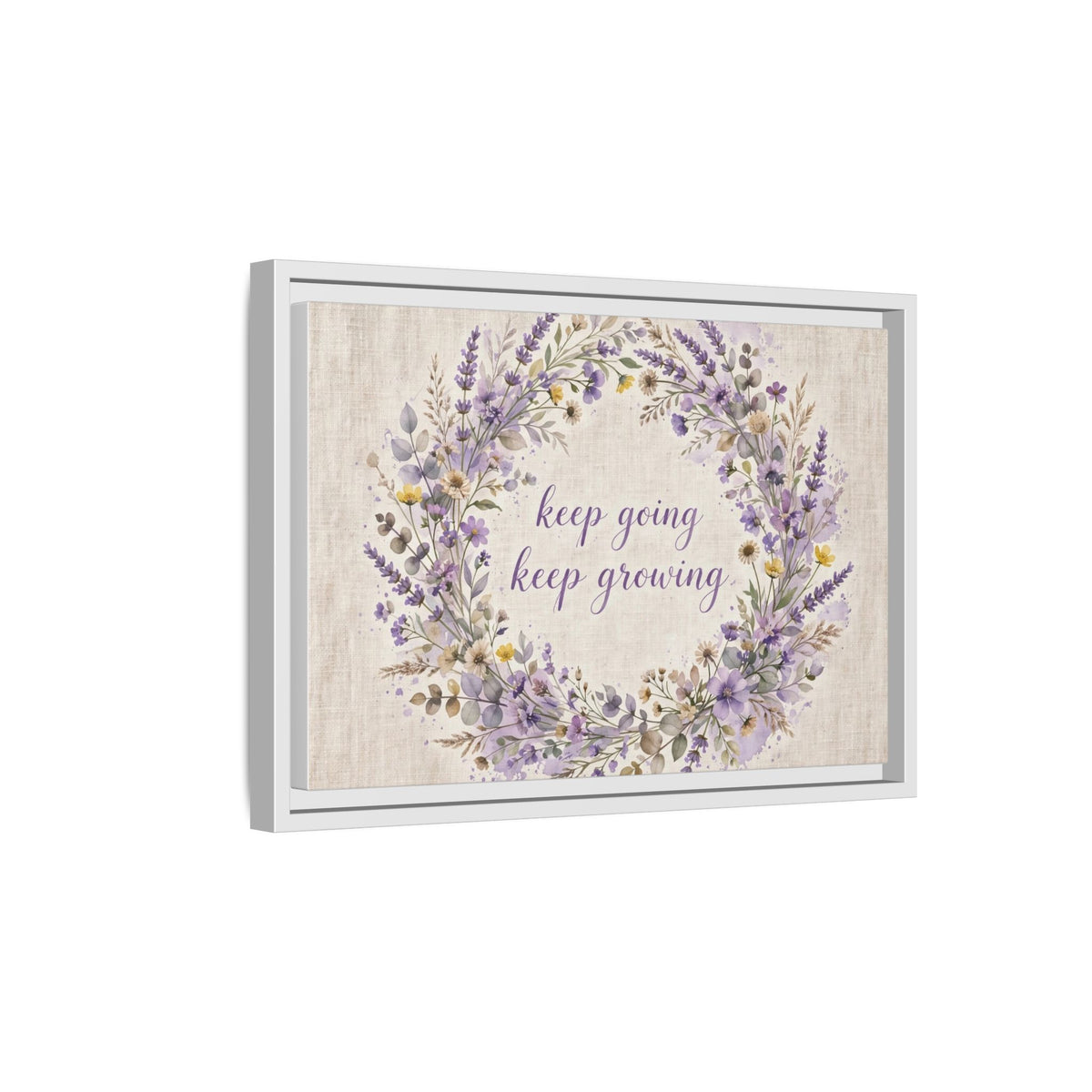 Framed Lavender Wreath Canvas — "Keep Going Keep Growing" Inspirational Wall Art