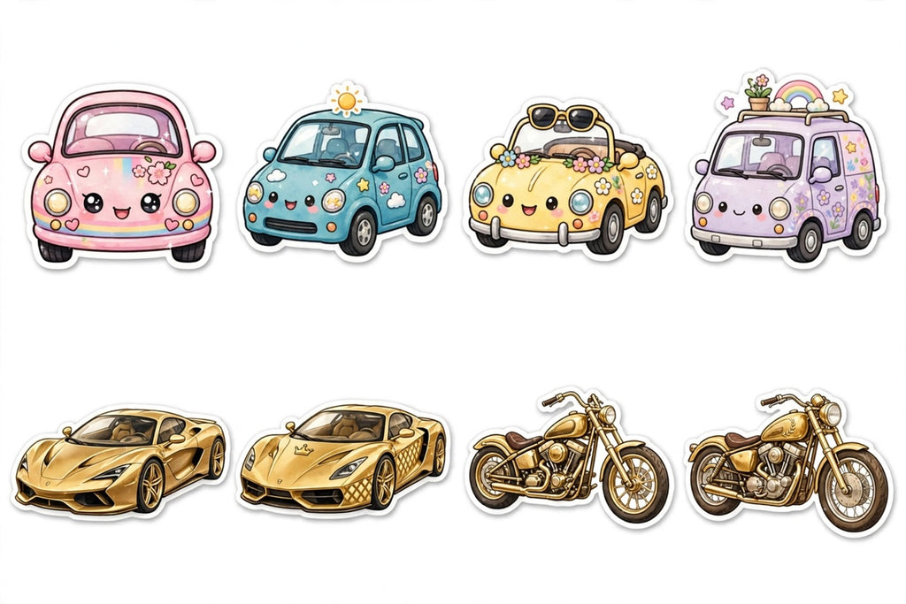 Pastel & Gold Cars Stickers Pack