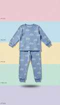 Daydream Blue cozy pajamas, Primary product shots use a straight-on or slight 3/4 angle at child-height for bedding/plush...