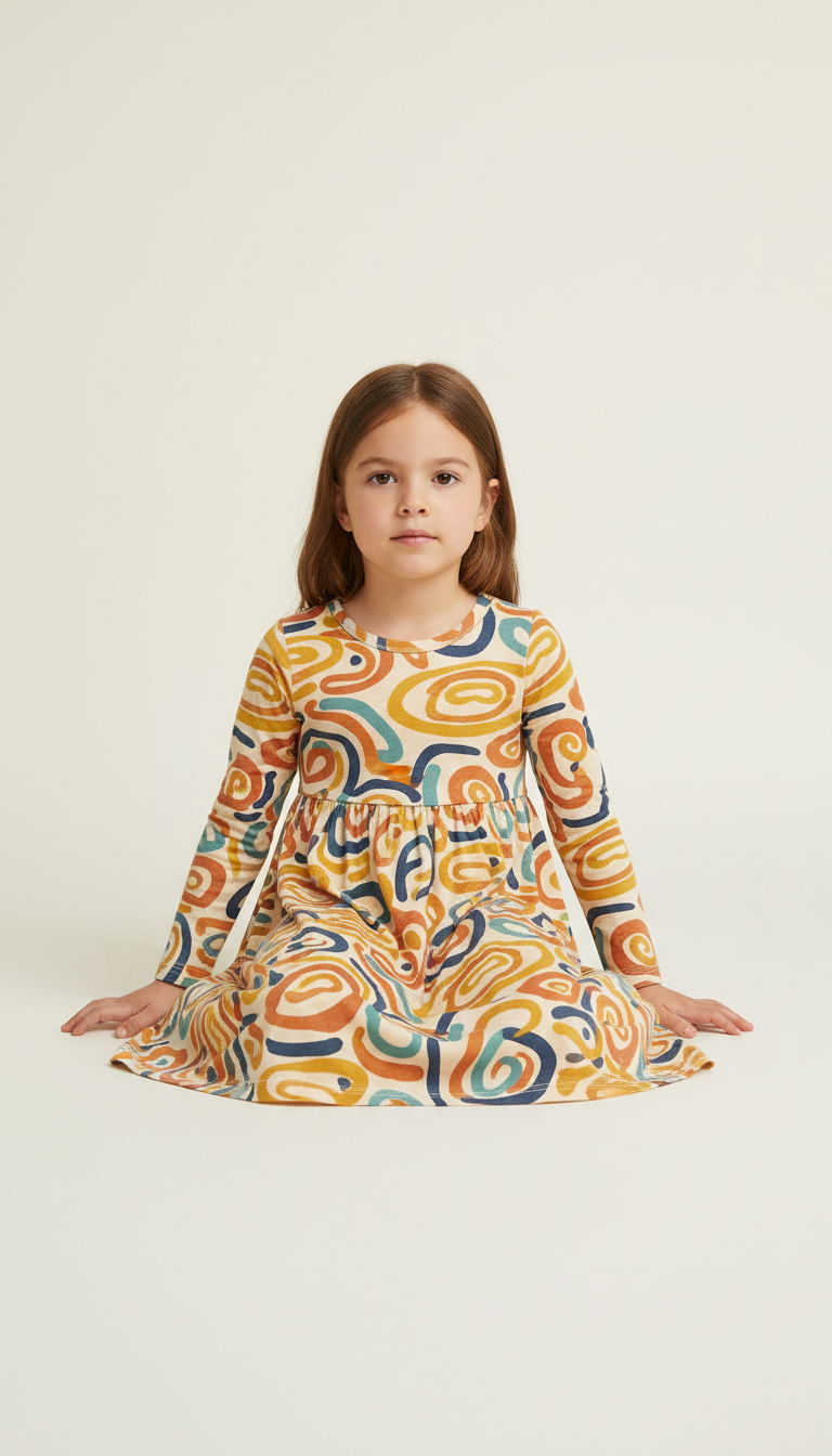 Soft jersey dress with organic pattern, Default to gentle three-quarter angle on child models in action—walking, sitting...